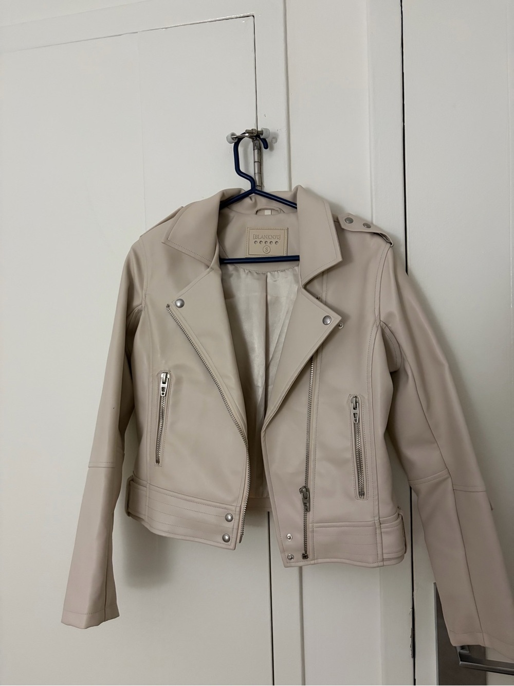 Blank NYC Light Cream Faux Leather Moto Jacket with Silver Hardware